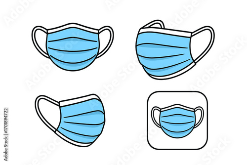 Medical face mask vector icon set. Surgical mask cartoon illustration collection. Health care, virus protection, and hygiene symbol for app, web, and infographics. Flu prevention.