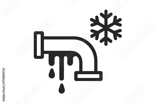 Frozen pipe icon. Winter plumbing problem concept. Burst pipe from cold weather, ice damage, and freezing temperatures. Water leak and dripping. Emergency plumbing repair symbol.