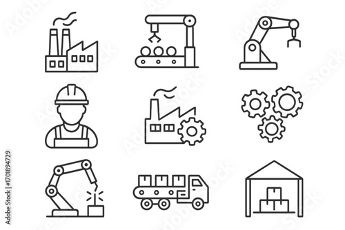 Industrial line icon set. Manufacturing and factory production symbols. Automation, robotic arm, conveyor belt, worker, warehouse and logistics. Vector outline illustration.