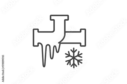 Frozen pipe line icon. Winter plumbing problem, cold weather concept. Water pipe damage, burst tube symbol with icicle & snowflake. Emergency heating repair service vector.