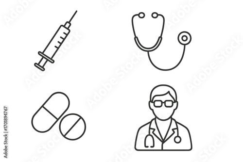Medical icon collection. Thin line art symbols. Syringe, stethoscope, pills, doctor. Vector signs for healthcare, clinic, hospital, web, apps, infographics design.