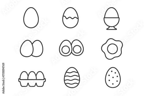 Egg icon set thin line art vector. Collection of food symbols: fried, boiled, cracked, Easter egg, and in a carton. Breakfast cooking signs for web, app, and graphic design.