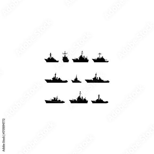 Warship navy silhouettes set, large pack of vector silhouette design, isolated white background.  