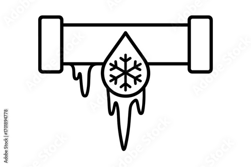 Frozen pipe icon. Burst pipeline with leaking water and icicles. Winter plumbing problem concept. Cold weather, frost damage, and emergency repair symbol. Vector line art.
