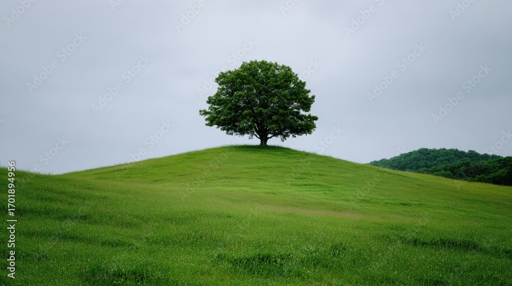 Fototapeta premium Single Tree on Green Hill Under Cloudy Sky, Serene Nature Landscape, Minimalist Environment