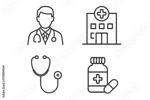 Medical and healthcare thin line icon set. Doctor, hospital, stethoscope, pills, and medicine symbols. Clinic, pharmacy, and treatment linear vector signs for web and app.
