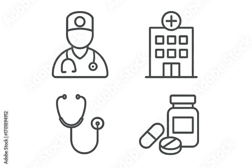 Medical and healthcare thin line icon set. Vector symbols of doctor, hospital, stethoscope, medicine, pills, and drugs for web interface, infographics, and pharmacy concepts.