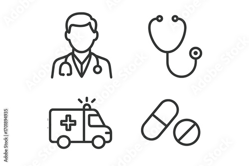 Healthcare line icon set. Vector symbols of doctor, ambulance, stethoscope, and drugs. Medical emergency and hospital theme for web interface and infographics. Outline graphic elements.