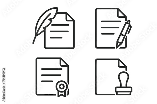 Document line icon set with quill, pen, certificate seal, and rubber stamp. Vector icons for contract, legal agreement, notarization, diploma, and official approval.