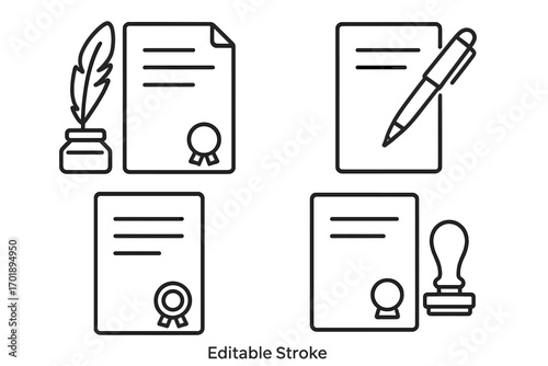 Document and contract signing line icon set. Vector icons of signature, legal agreement, certificate with seal, quill pen, and notary stamp. Editable stroke for design.