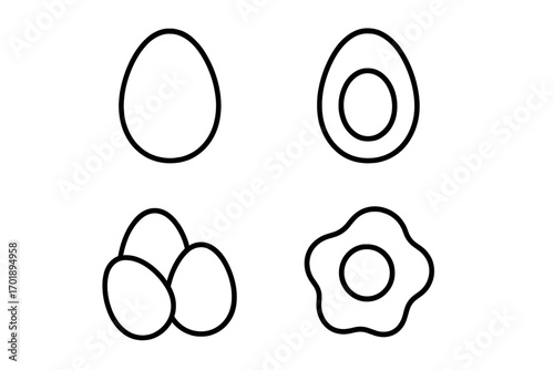 Eggs outline icon collection. Simple food line art. Fried egg, boiled egg, breakfast symbol. Healthy cooking, protein diet concept. Vector illustration with editable stroke.