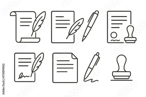Document and quill pen icon set. Contract signing with feather pen and signature. Notary stamp for legal papers and agreements. Editable stroke vector line art illustration.