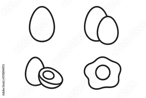 Eggs outline icon collection. Editable stroke vector. Set of egg icons. Fried egg, boiled egg, whole egg. Breakfast food concept. Healthy protein meal ingredient symbol.