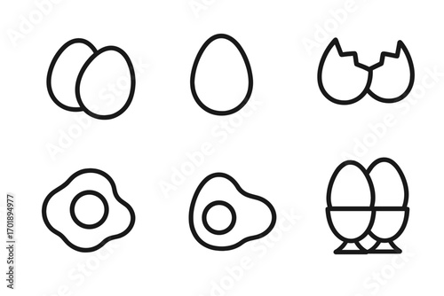 Eggs outline icon set for breakfast and cooking. Food concept. Vector line art symbols of fried egg, boiled eggs, and broken shell. Simple minimal illustration for menu.