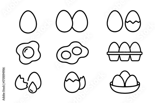 Egg line icon set. Minimalist vector collection of breakfast food symbols like fried egg, boiled, broken shell, egg carton. Simple outline graphic for cooking and nutrition.