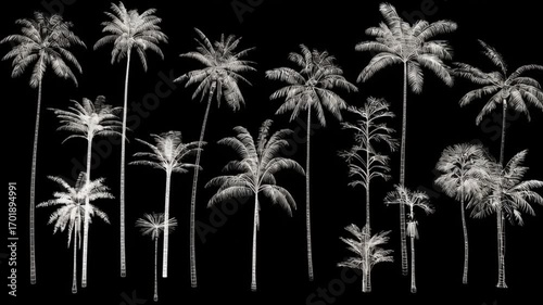 Black and white palm trees swaying in darkness, tropical silhouettes creating elegant contrast, minimal nature scene, exotic night landscape, artistic botanical background with calm mood