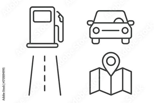 Car travel and navigation icon set. Gas station, road, map and automobile symbols. Fuel pump, route, location pointer and vehicle icons. Editable stroke vector line art.
