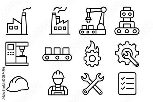 Factory and manufacturing line icon set. Industry, production, assembly line symbols. Includes robot arm, conveyor belt, worker, tools. Vector outline icons. Editable stroke.