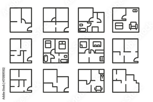 Floor plan and architecture icon set. Vector line art of house and apartment layouts. Blueprint symbols with furniture for interior design. Editable stroke for web or app.