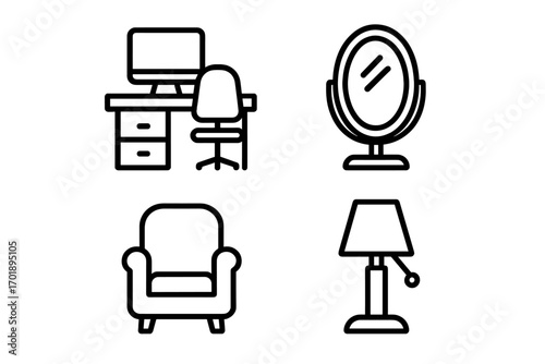 Furniture line icon set. Interior design elements collection. Home, office decor outline symbols. Simple vector icons of chair, lamp, mirror, workplace for web and print.
