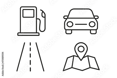 Car travel and road trip icon set. Gas station, automobile, highway, and map pin location marker line art icons. Vector symbols for navigation, transport, and driving.