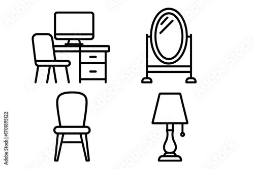 Furniture line icon set for interior design. Editable stroke. Simple outline pictogram collection. Home decoration and office equipment symbols. Chair, table lamp, mirror sign.