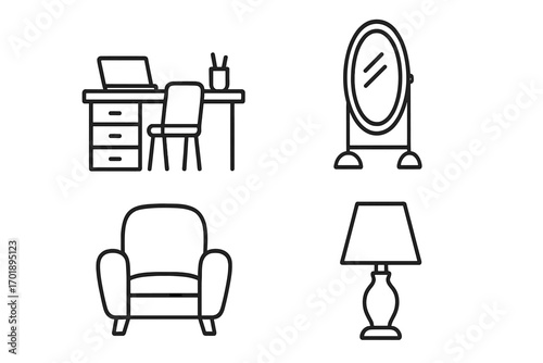 Furniture and interior design thin line icon set. Simple linear pictogram pack. Contains icons as workplace, desk, mirror, chair, table lamp. Home and office decor elements.