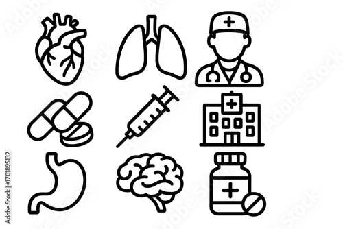 Medical and healthcare icon set. Collection of hospital, doctor, organ, pills, syringe, clinic symbols. Vector line icons for app, web, infographic design. Health treatment.