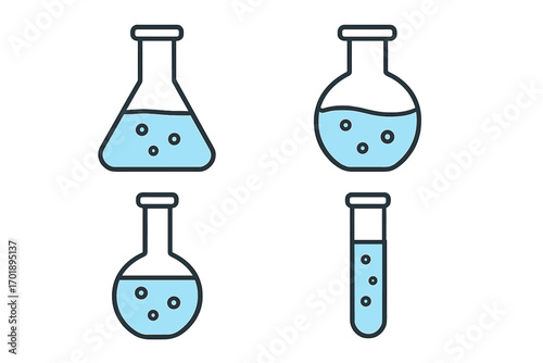 Lab flask and test tube color icon set. Minimalistic linear pictogram for science, chemistry, and research. Vector illustration of laboratory glassware with liquid for experiment.