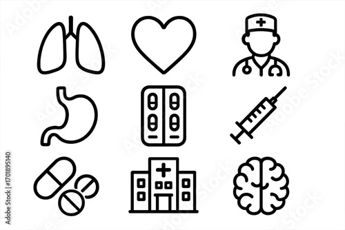 Huge medical and healthcare icon set. Hospital, clinic, doctor, organ, pills, syringe, first aid icons. Medicine and pharmacy symbols for web, mobile app, and infographic design.