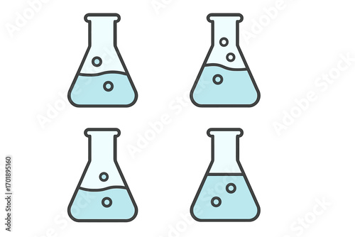 Science chemistry lab flask icon set. Vector cartoon illustration of an erlenmeyer flask with liquid and bubbles. Minimalist linear pictogram for web design, apps, and banners.