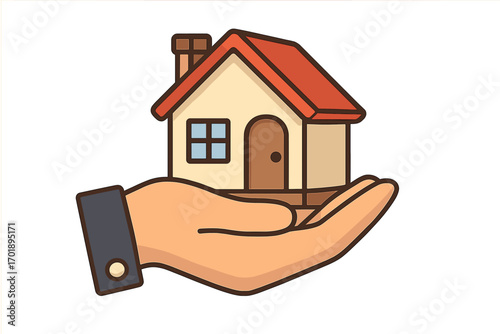 Hand holding house icon. Real estate agent concept. Property insurance and security symbol. Home buying, selling, or mortgage loan vector illustration. Investment in housing.