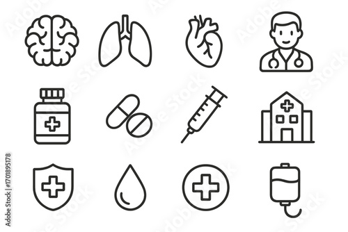 Medical icon set. Healthcare line icons. Doctor, hospital, clinic. Organs brain, heart, lungs. Pill, syringe, IV drip, blood drop. Pharmacy & emergency symbols for web design.