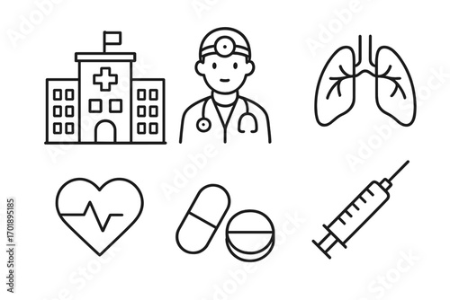 Medical line icon set. Hospital, doctor, lungs, cardiology heart, pills, syringe vector symbols. Healthcare and pharmacy icons for website, app, and clinic design elements.