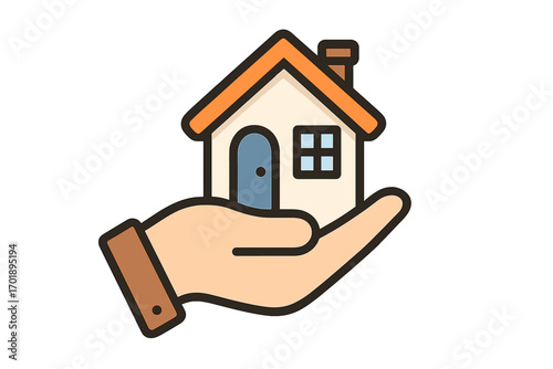 Hand holding house icon. Real estate logo concept. Home insurance, safety, protection symbol. Buy, sell, rent property. Mortgage and investment vector illustration.