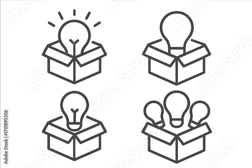 Think outside the box concept. Light bulb in a box thin line icon set. Metaphor for creativity, innovation, solution, new idea, startup. Vector outline graphic element.