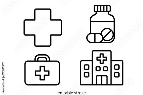 Medical and healthcare icon set. Outline collection with hospital, first aid kit, pills, and cross symbols. Simple vector line icons for clinic, pharmacy, and treatment.
