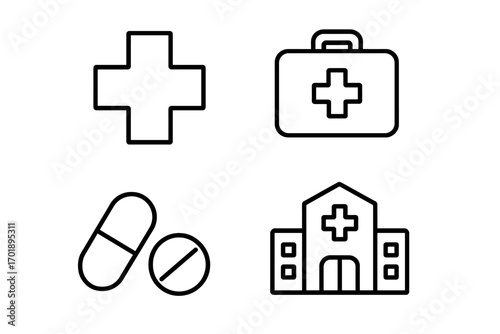 Medical and healthcare line icon set. Collection of simple outline symbols: first aid kit, hospital, cross, pills. Pharmacy, medicine, treatment and emergency vector signs.