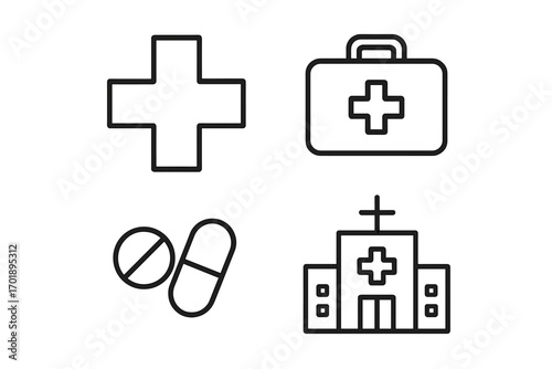 Medical and healthcare line icon set with cross, hospital, first aid kit and pills. Pharmacy and medicine symbols for emergency treatment. Vector graphic for infographics.