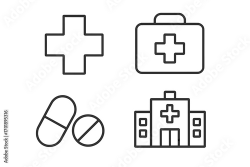 Medical and healthcare line icon set with hospital, first aid kit, pharmacy pills, and cross symbol. Outline vector icons for medicine, treatment, and emergency concepts.