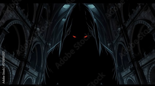 Dark mysterious hooded figure with glowing red eyes in a gloomy gothic cathedral.