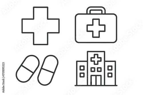 Healthcare and medicine line icon set. Collection of simple vector symbols. Medical cross, first aid kit, pills, hospital building. Pharmacy, emergency, treatment concept.