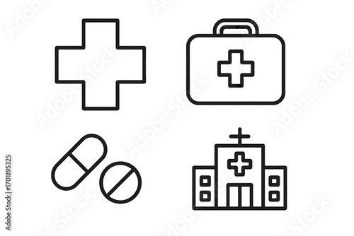 Medical line icon collection with hospital, first aid case, pills, and pharmacy cross. Healthcare and medicine concept symbols. Vector outline illustration, editable stroke.