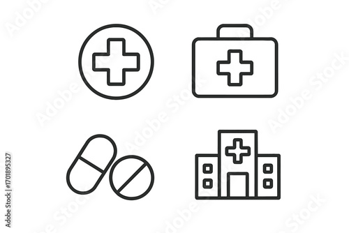 Health care line icon set with editable stroke. Medicine, hospital building, first aid kit, pills, and pharmacy symbols. Outline vector graphic for doctor and emergency.