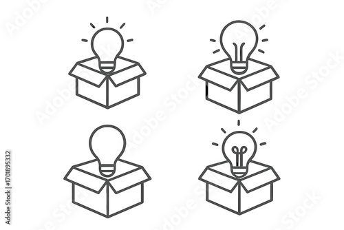 Thinking outside the box icon set. Light bulb popping out of a carton. Creative idea, innovation, solution, think different concept. Outline vector graphic for web design.