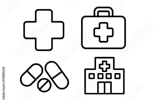 Medical and healthcare simple line icon set. First aid kit, hospital building, cross symbol, and pills. Pharmacy, clinic, and treatment concept vector icons. Editable stroke.