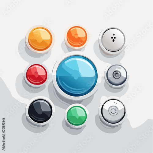 Set Of Colorful Glossy Buttons With White Trim On Gradient Gray Background