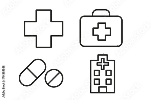 Medical line icon set. Healthcare pictograms. Hospital, first aid kit, pills, pharmacy cross. Emergency treatment symbols. Medicine, clinic, doctor bag, medication vector pack.