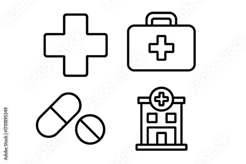 Medical and healthcare line icon set. Vector symbols for hospital, clinic, pharmacy, and first aid. Includes medical cross, doctor bag, pills, and emergency building.