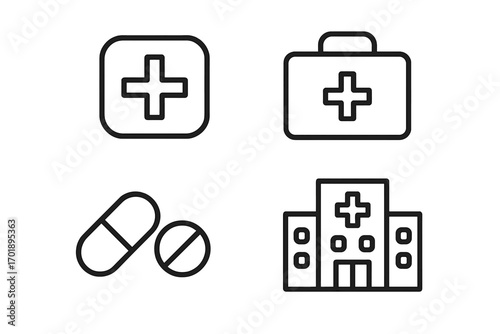 Medical and healthcare icon set. Collection of simple line art symbols including hospital, first aid kit, pills, and pharmacy cross. Vector illustration with editable stroke.